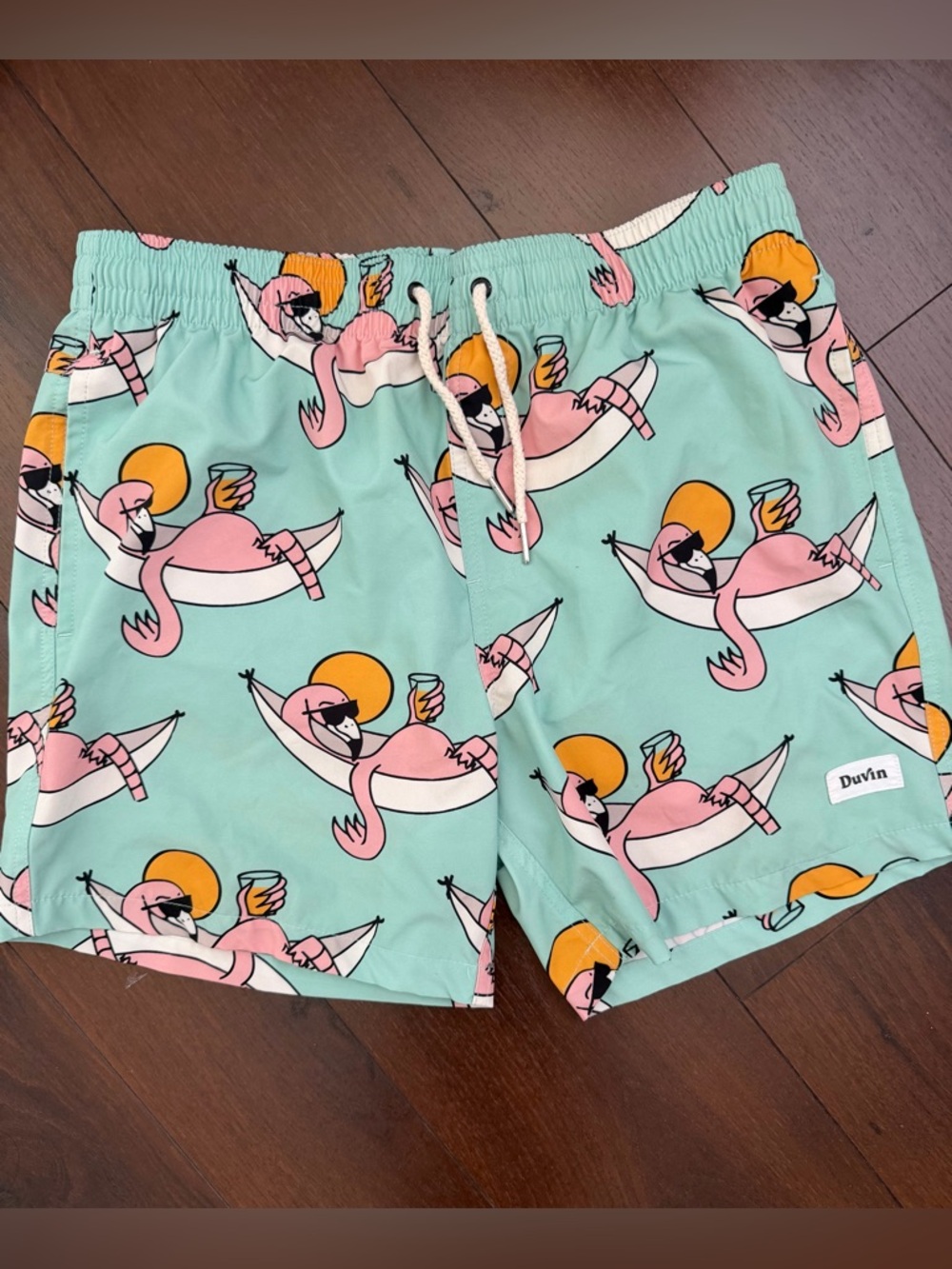 Duvin mens large Swim Trunks flamingo bathing suit aqua